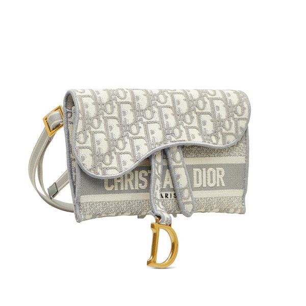 hzzfaf09aho682sp 2 Dior Mini Saddle Bag Logo Jacquard D Hardware Waist Body Bag Gray White Canvas