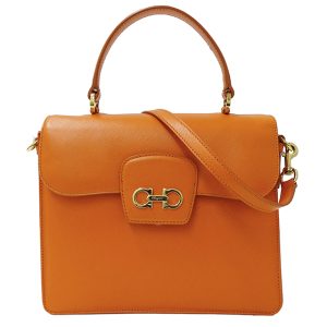 1 Ferragamo W Gancini Handbag Shoulder Bag 2way Leather Orange