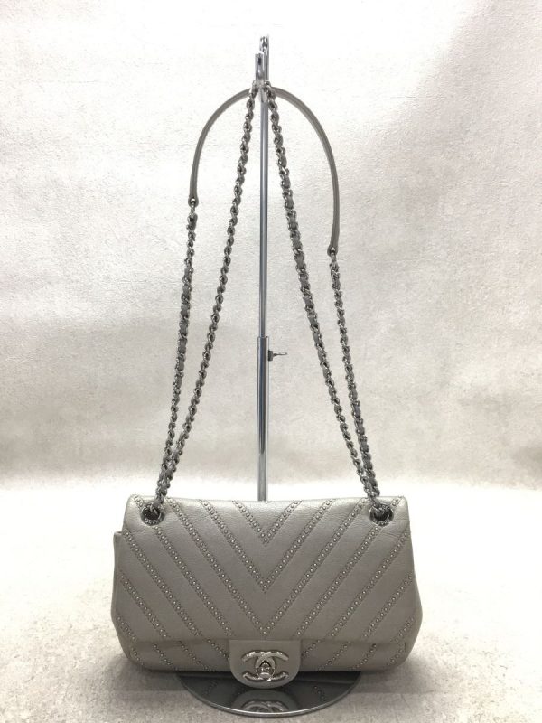 1 Chanel V Stitch Double Chain Shoulder Bag Leather Coco Mark CC Gray