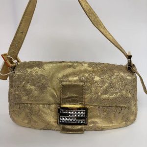 Fendi Fendi Baguette Gold Leather with Lace Embroidery