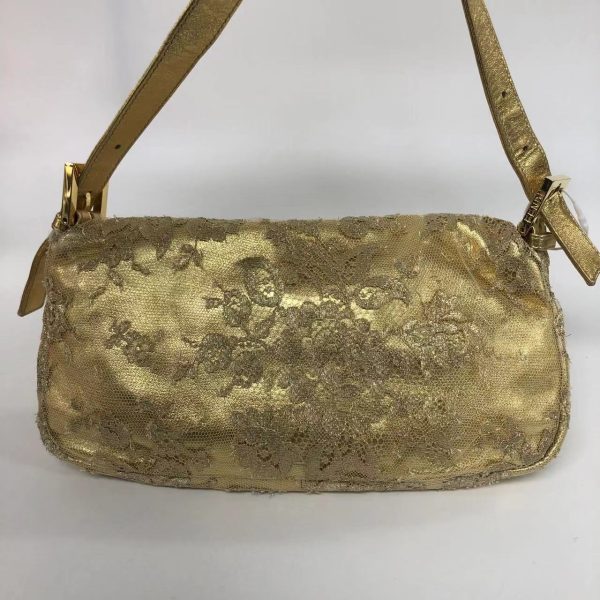 Baguette Fendi Baguette Gold Leather with Lace Embroidery