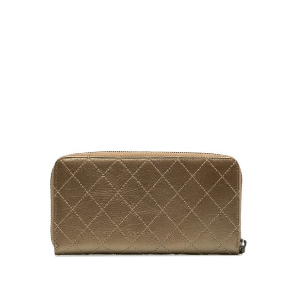 2 Chanel Round Zipper Long Wallet Leather Gold Bronze