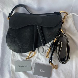 Dior Dior Saddle Black Medium Grained Leather Handbag with Gold Hardware with Strap