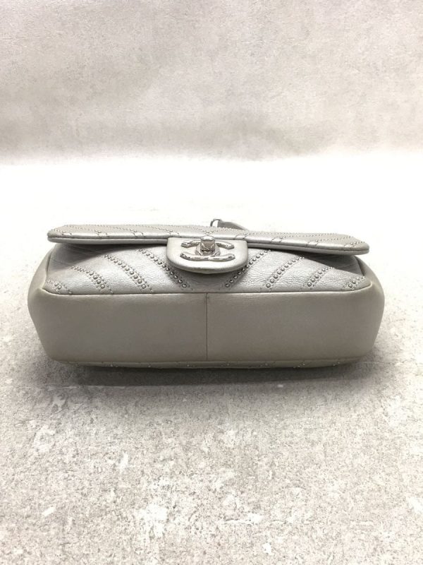 3 Chanel V Stitch Double Chain Shoulder Bag Leather Coco Mark CC Gray