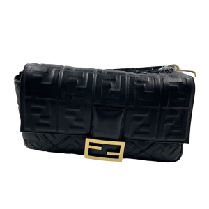 Fendi Fendi Baguette Black Leather 3D FF Motif Crossbody bag Large