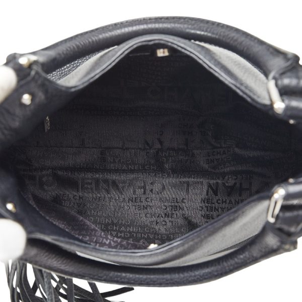 4 Chanel Logo Tassel Handbag Leather Black