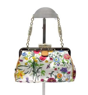 Gucci Gucci Floral Silk Satin Purse with Crystal Embellished Bamboo Style Chain Strap