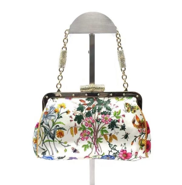 nan Gucci Floral Silk Satin Purse with Crystal Embellished Bamboo Style Chain Strap