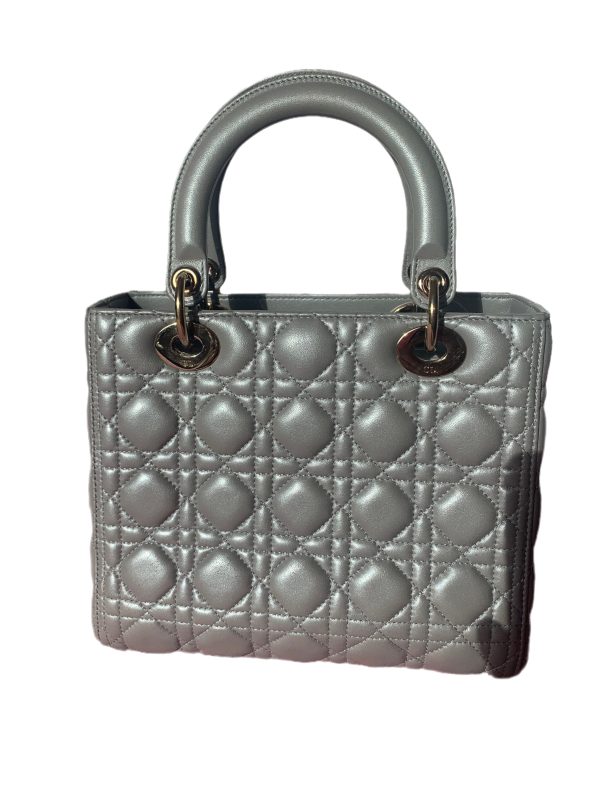 Leather Lady Dior Pearlescent Grey Medium Lambskin Cannage Leather Handbag