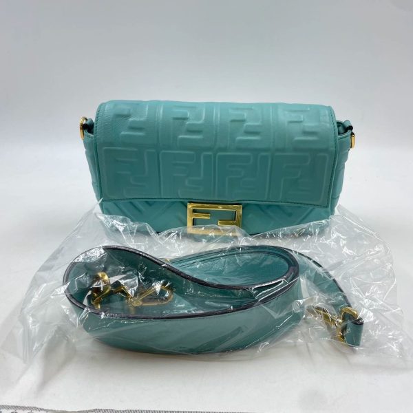 82CA60AC 5D46 4FE1 91C4 FE8F5A515060 FENDI Baguette Turquoise Leather 3D FF Motif Crossbody bag