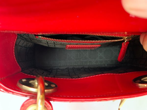 86CD76F0 57B5 4104 A41C E416D505D25A Lady Dior Patent Leather Red Mini handbag with gold hardware