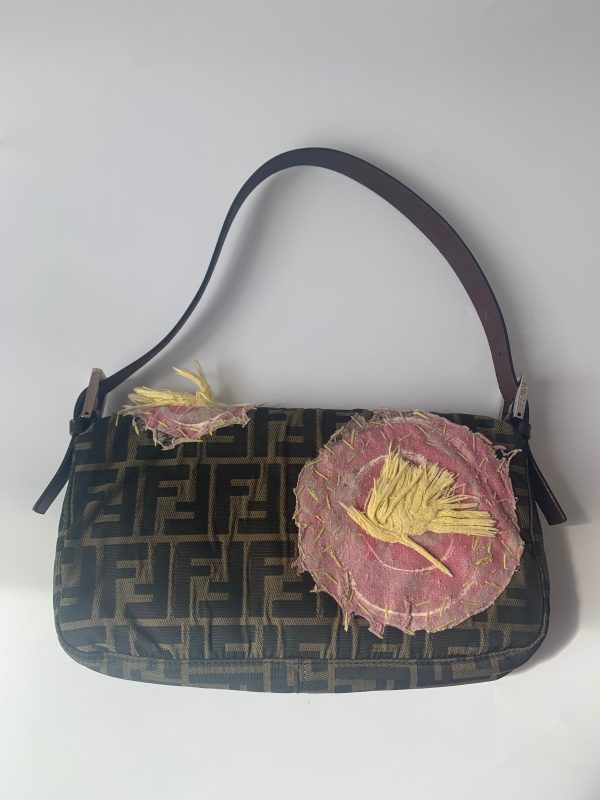 Brown FENDI Baguette Zucca Print with Flower Embroidery