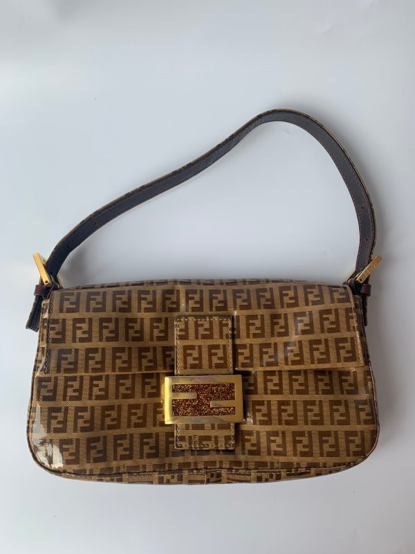 Brown FENDI Baguette Zucchini Print Patent Leather