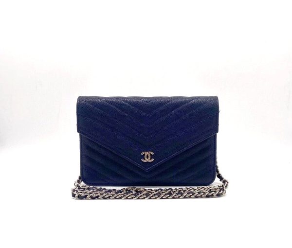 Chanel Chanel Chevron Wallet on Chain Navy Caviar Leather with Silver Hardware