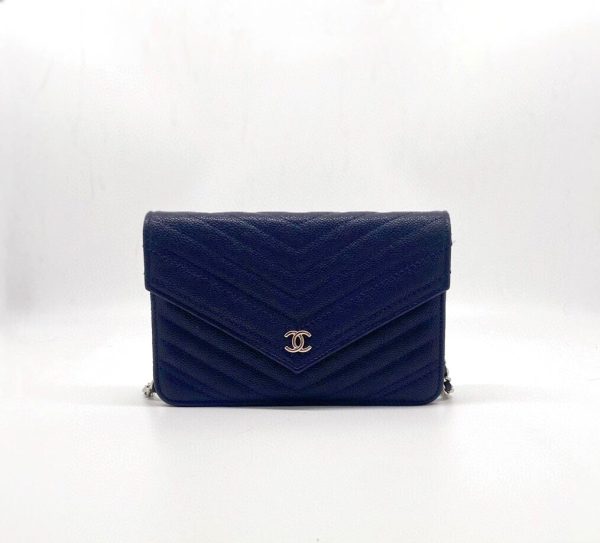 Wallet on Chain Chanel Chevron Wallet on Chain Navy Caviar Leather with Silver Hardware