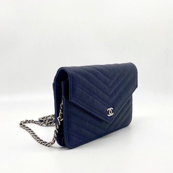 Leather Chanel Chevron Wallet on Chain Navy Caviar Leather with Silver Hardware