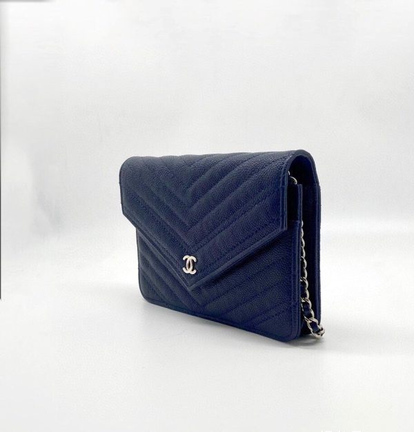 Navy Chanel Chevron Wallet on Chain Navy Caviar Leather with Silver Hardware