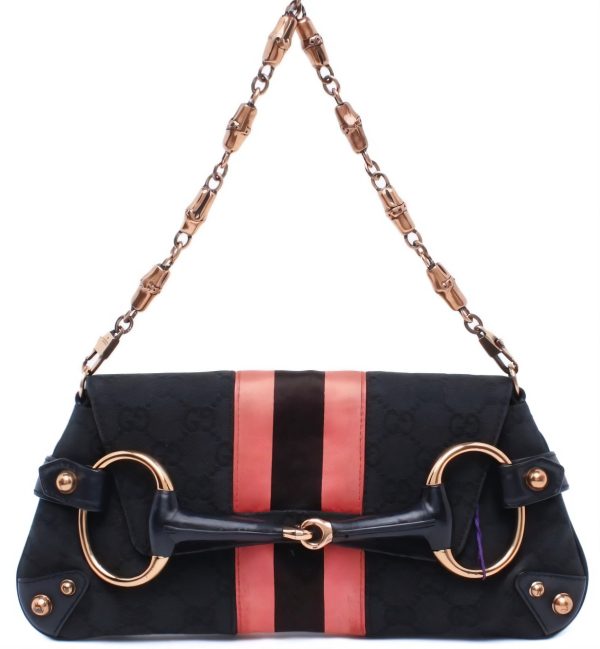 Gucci Gucci Horsebit 1955 Chain Shoulder bag Black monogram with Pink silk stripe