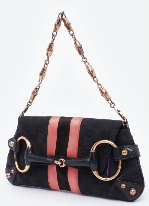 Cloth Gucci Horsebit 1955 Chain Shoulder bag Black monogram with Pink silk stripe