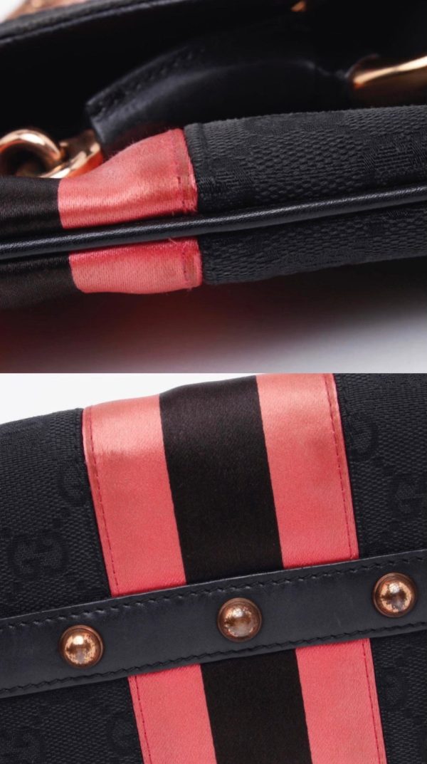 IMG 1653 Gucci Horsebit 1955 Chain Shoulder bag Black monogram with Pink silk stripe