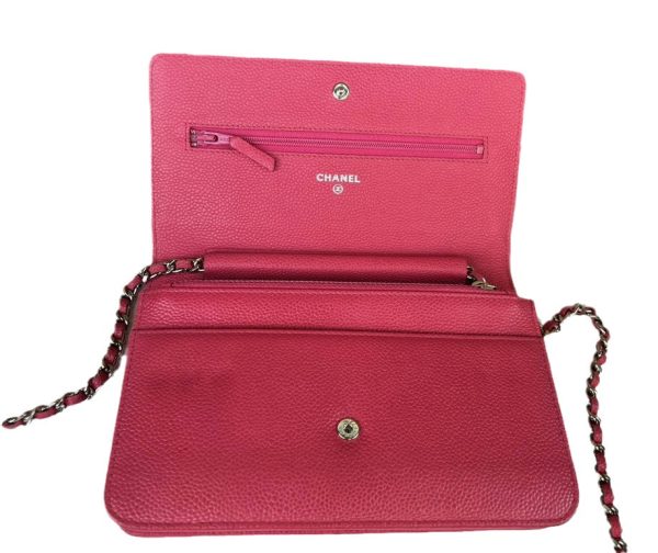 Leather Chanel WOC Wallet on Chain Fuchsia Caviar Leather with Enamel Logo