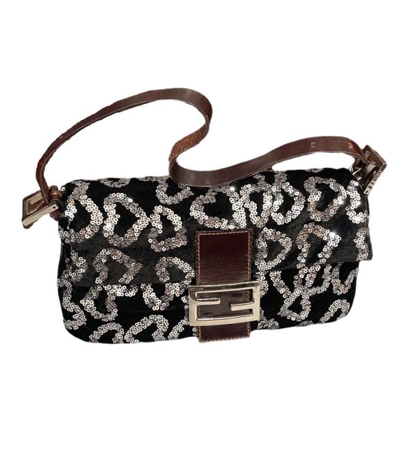 Fendi FENDI Baguette White Heart Shaped Sequin Black Shoulder Bag