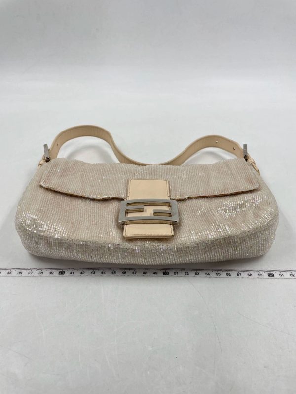 Glitter Fendi Baguette Glittering Waterfall Beads Cream Shoulder Bag