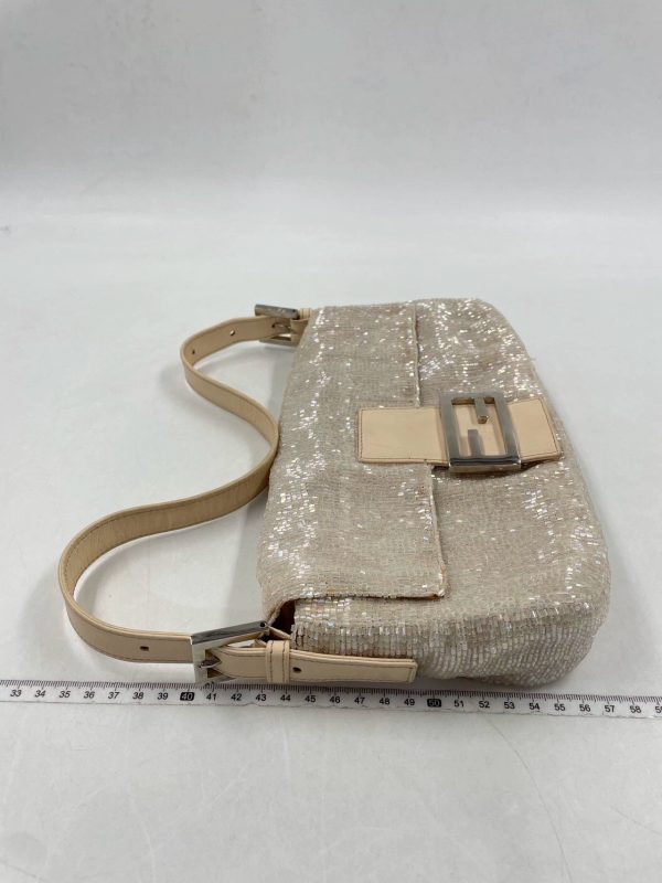 Beige Fendi Baguette Glittering Waterfall Beads Cream Shoulder Bag