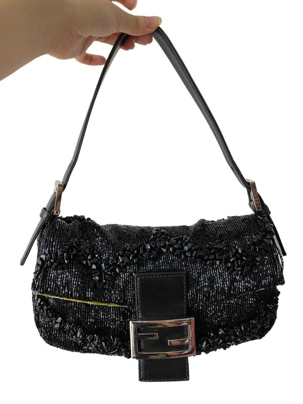 Fendi Fendi Baguette Black Beaded Shoulder Bag with Stones in Wave Pattern