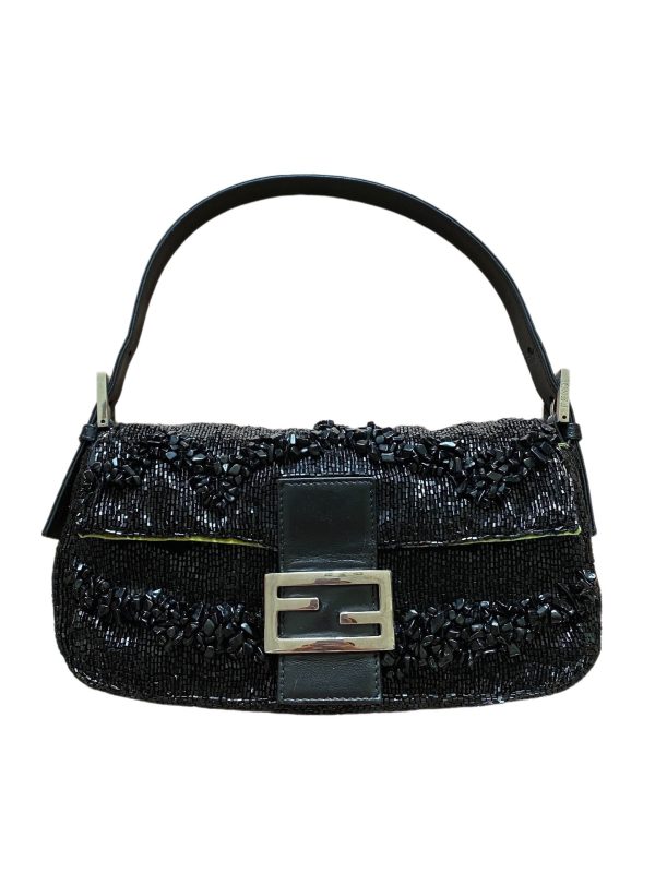 Black Fendi Baguette Black Beaded Shoulder Bag with Stones in Wave Pattern