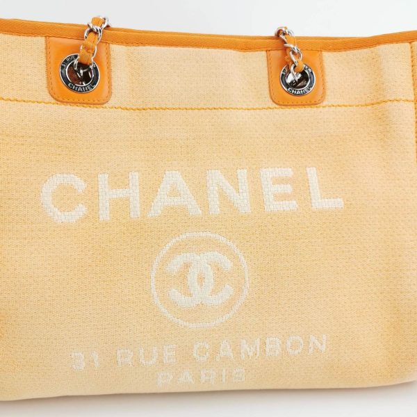 IMG 6228 Chanel Deauville Tote Orange Denim Leather Trim Small