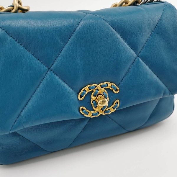 IMG 6334 Chanel 19 Bag Small Teal Blue Gold Hardware Chain Crossbody Bag