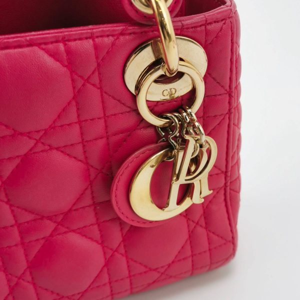 IMG 6868 Lady Dior Mini Fuchsia Pink handbag Cannage Leather with strap