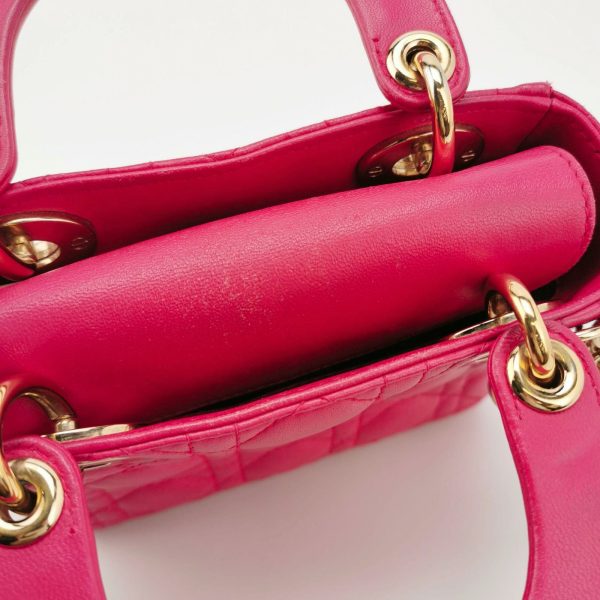 IMG 6869 Lady Dior Mini Fuchsia Pink handbag Cannage Leather with strap