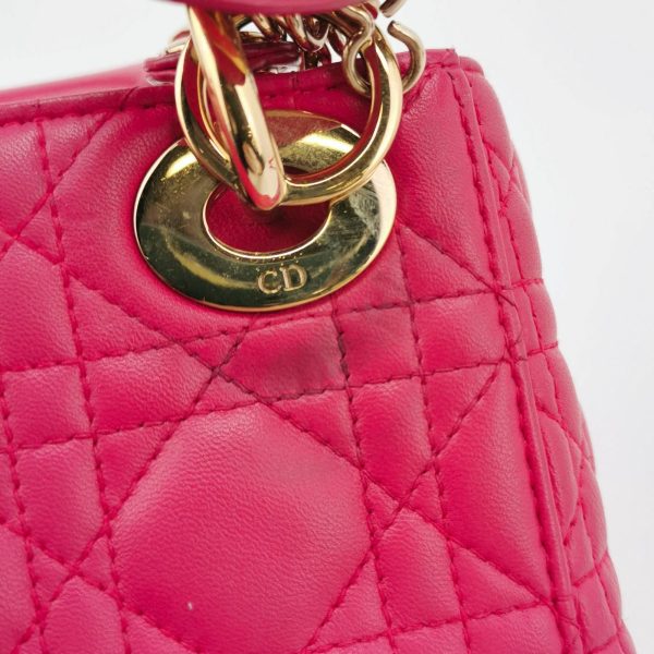 IMG 6870 Lady Dior Mini Fuchsia Pink handbag Cannage Leather with strap