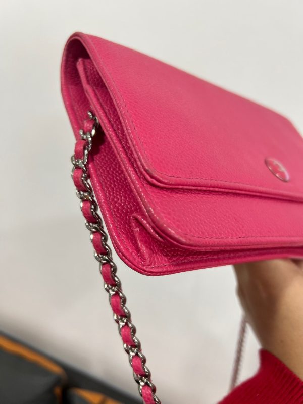 Pink Chanel WOC Wallet on Chain Fuchsia Caviar Leather with Enamel Logo
