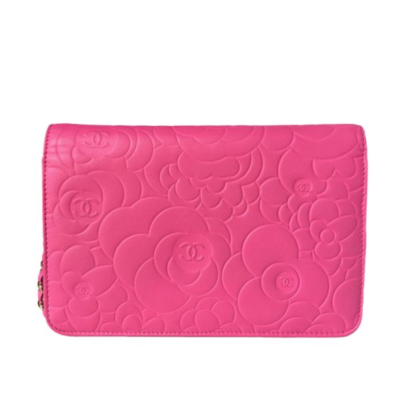 Wallet on Chain Chanel Wallet On Chains WOC Classic Pink Camelia Flower Embossed