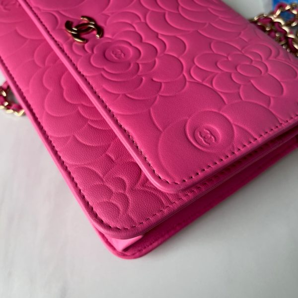 IMG 9113 Chanel Wallet On Chains WOC Classic Pink Camelia Flower Embossed