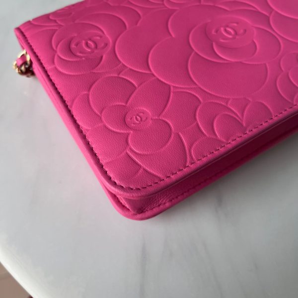 IMG 9115 Chanel Wallet On Chains WOC Classic Pink Camelia Flower Embossed