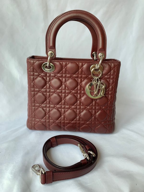 Leather Lady Dior Medium Burgundy Cannage Lambskin Leather with strap