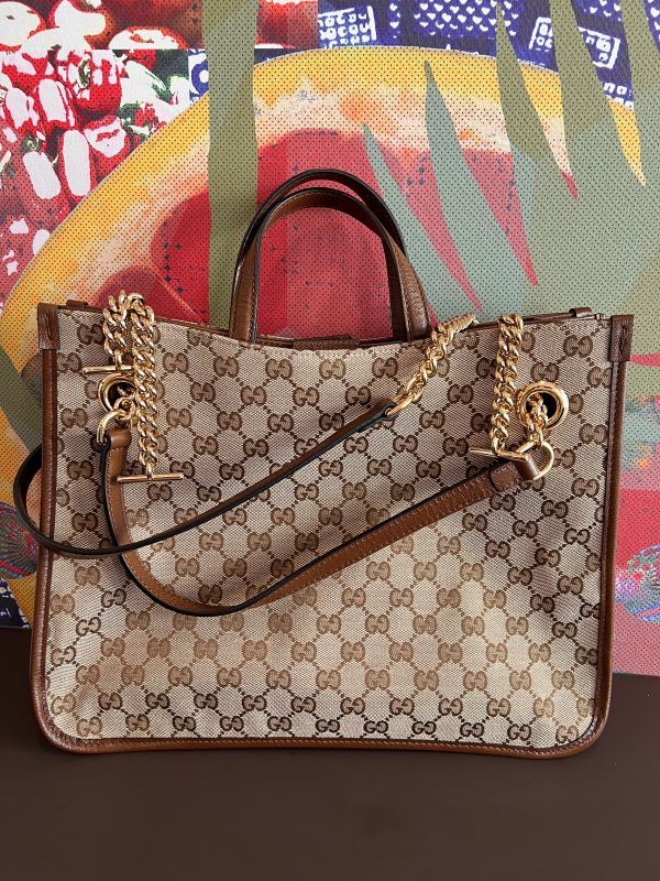 Brown Gucci 1956 horsebit chain tote in monogram canvas and brown leather