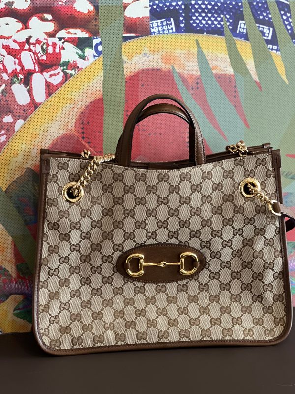 Cloth Gucci 1956 horsebit chain tote in monogram canvas and brown leather