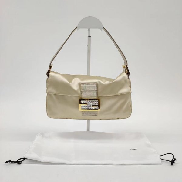 Baguette FENDI Baguette Cream Biege Silk with Crystal Buckle