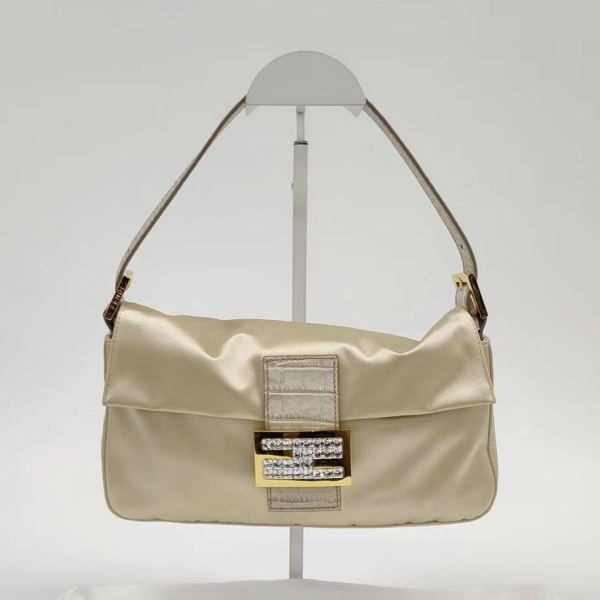 Fendi FENDI Baguette Cream Biege Silk with Crystal Buckle