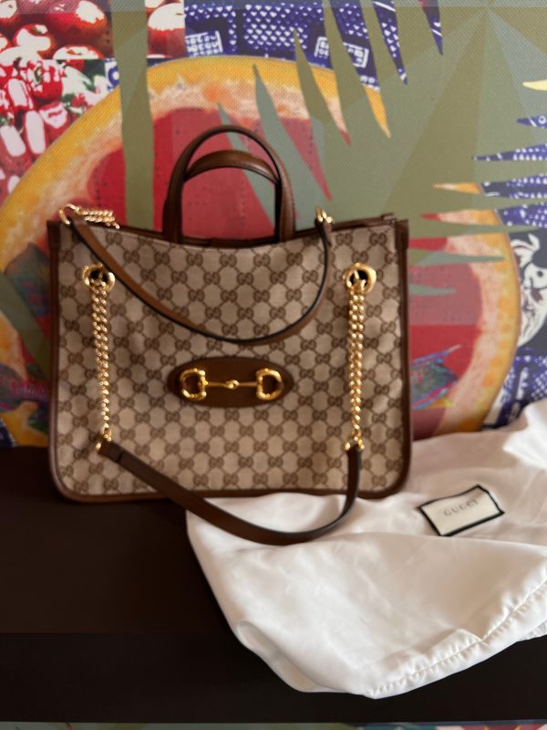 nan Gucci 1956 horsebit chain tote in monogram canvas and brown leather