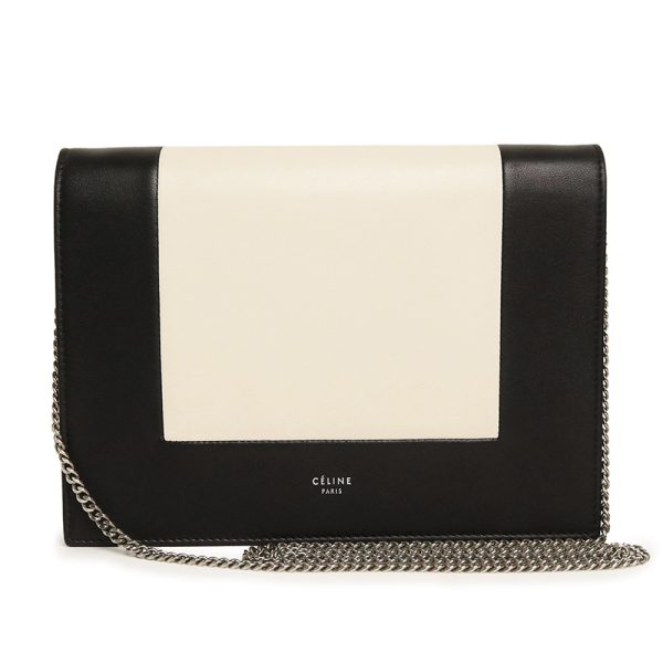 200005728019 Celine Chain Wallet Pochette Shoulder Crossbody Leather Black Cream Silver Hardware