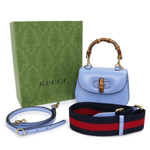 200005780019 2 GUCCI Bamboo 1947 Mini Top Handle 2WAY Calfskin Leather Crossbody Handbag Shoulder Bag Blue