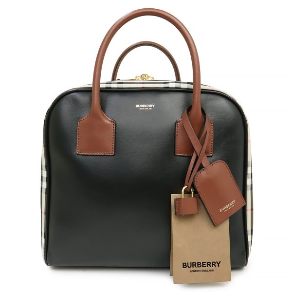 200005860019 BURBERRY Medium Leather Vintage Check Cube 2WAY Calfskin Leather Handbag Crossbody Shoulder Bag Black