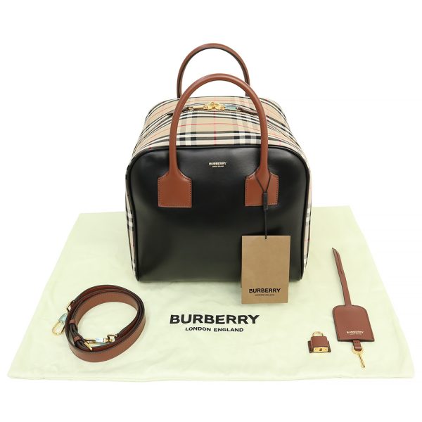 200005860019 2 BURBERRY Medium Leather Vintage Check Cube 2WAY Calfskin Leather Handbag Crossbody Shoulder Bag Black