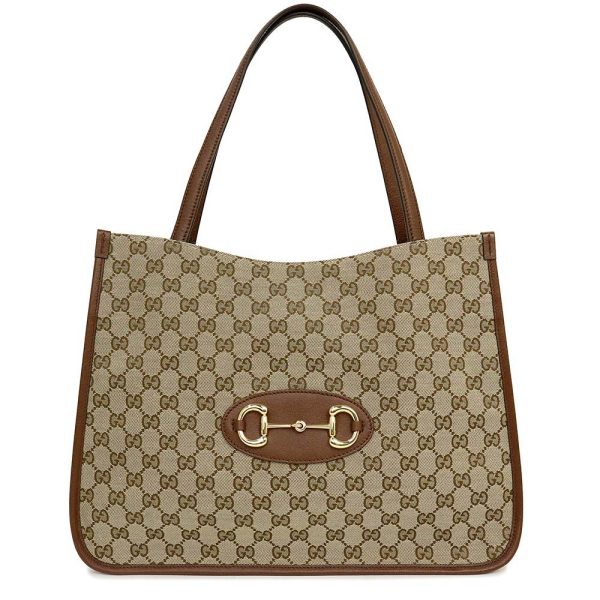 200008161019 GUCCI Horsebit 1955 GG Canvas Leather Tote Bag Beige Brown